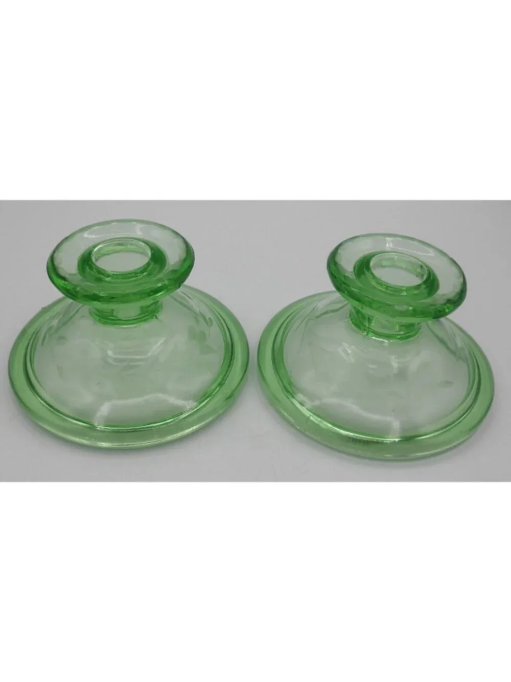 Etched Green Depression Glass Rolled Edge Console Bowl 2 Matching Candle Holders